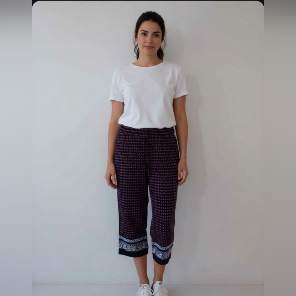 LOFT Navy Blue & Red Boho Cropped Pants Medium